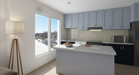 a kitchen with a counter top and a large window