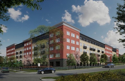 a rendering of a five story apartment building with a red brick facade and a black and white