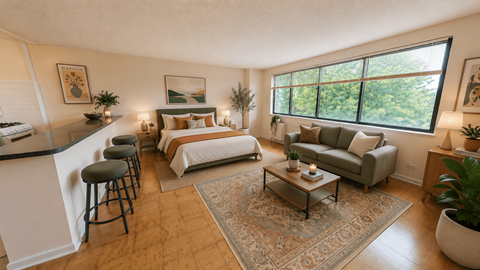 A living room with a couch, a coffee table, and a fireplace.