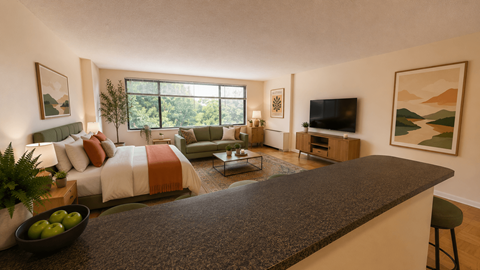 A modern living room with a large window and a grey counter.