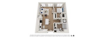 A floor plan of a small apartment with a kitchen, living room, and bedroom.