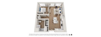 A floor plan of an apartment with two bedrooms, a living room, a kitchen, and a bathroom.