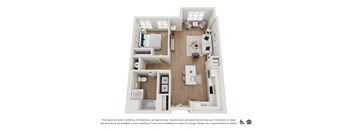 A floor plan of an apartment with a kitchen, living room, and bathroom.