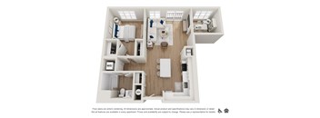 A floor plan of an apartment with a living room, kitchen, and two bedrooms.