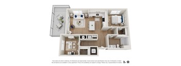 A floor plan of an apartment with a kitchen, living room, and bathroom.