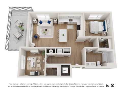 A floor plan of an apartment with a kitchen, living room, and bathroom.