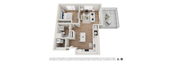 A floor plan of an apartment with a kitchen, living room, and bathroom.