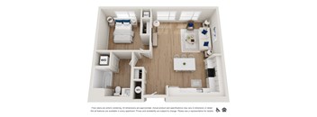 A floor plan of a small apartment with a bedroom, bathroom, and kitchen.