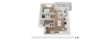 A floor plan of an apartment with a kitchen, living room, and bathroom.