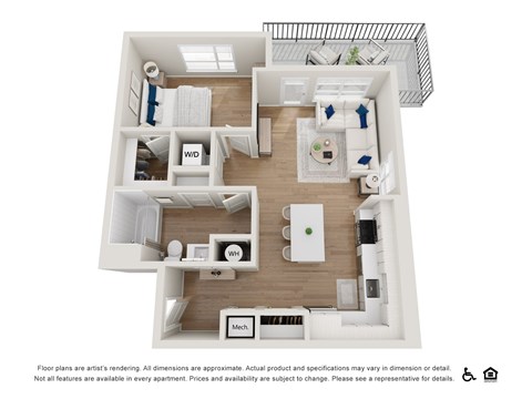A floor plan of an apartment with a kitchen, living room, and bathroom.