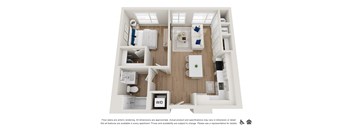 A floor plan of an apartment with a kitchen, living room, and bathroom.