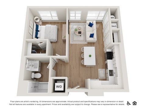 A floor plan of an apartment with a kitchen, living room, and bathroom.