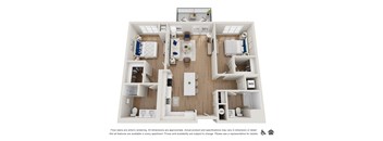 A floor plan of an apartment with a kitchen, living room, and two bedrooms.