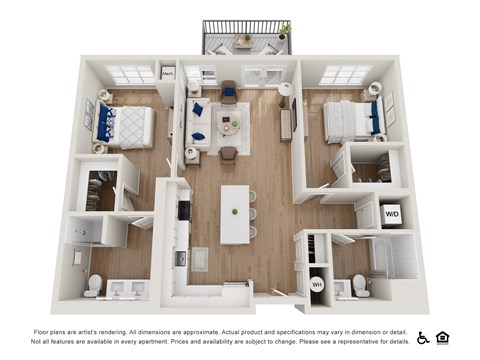 A floor plan of an apartment with a kitchen, living room, and two bedrooms.