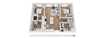 A 3D floor plan of a small apartment with a kitchen, living room, and bathroom.