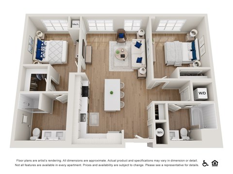 A 3D floor plan of a small apartment with a kitchen, living room, and bathroom.