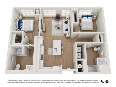 A floor plan of an apartment with rooms labeled M, E, W, D, and H.