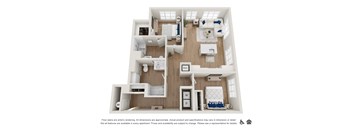 A floor plan of an apartment with a kitchen, living room, and bedrooms.