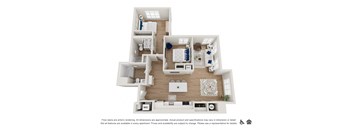 A floor plan of an apartment with a kitchen, living room, and two bedrooms.