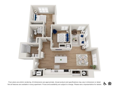 A floor plan of an apartment with a kitchen, living room, and two bedrooms.