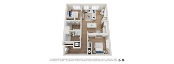A floor plan of an apartment with a kitchen, living room, and bathroom.
