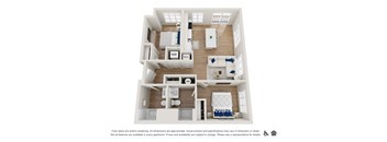 A 3D floor plan of a two-bedroom apartment with a living room, kitchen, and bathroom.