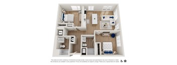 A floor plan of an apartment with a kitchen, living room, and bedrooms.