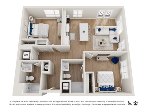 A floor plan of an apartment with a kitchen, living room, and bedrooms.