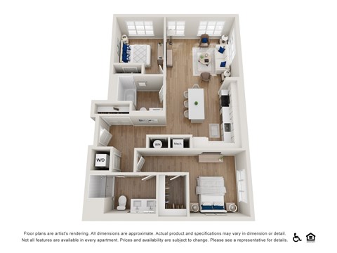 A floor plan of a small apartment with a kitchen, living room, and bathroom.