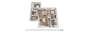 A floor plan of an apartment with a kitchen, living room, and two bedrooms.