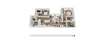 A floor plan of an apartment with a kitchen, living room, and two bedrooms.