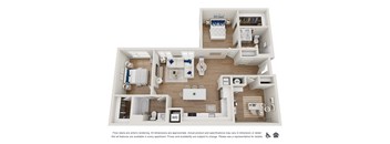 A floor plan of an apartment with a kitchen, living room, and bathroom.