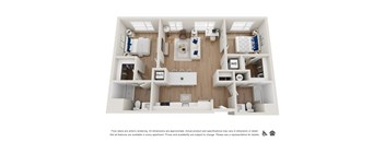 A floor plan of an apartment with a kitchen, living room, and two bedrooms.