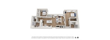 A floor plan of an apartment with a kitchen, living room, and two bedrooms.