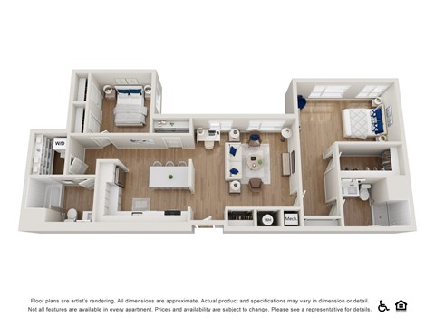 A floor plan of an apartment with a kitchen, living room, and two bedrooms.