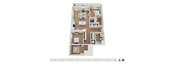 A floor plan of an apartment with a kitchen, living room, and two bedrooms.