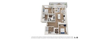 A floor plan of an apartment with a kitchen, living room, and two bedrooms.