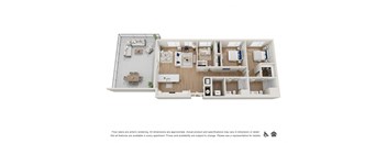 A floor plan of an apartment with a kitchen, living room, and bedrooms.