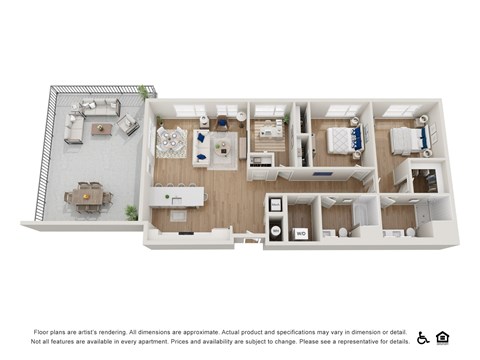 A floor plan of an apartment with a kitchen, living room, and bedrooms.