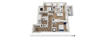 A 3D floor plan of a house with a kitchen, living room, and bedrooms.