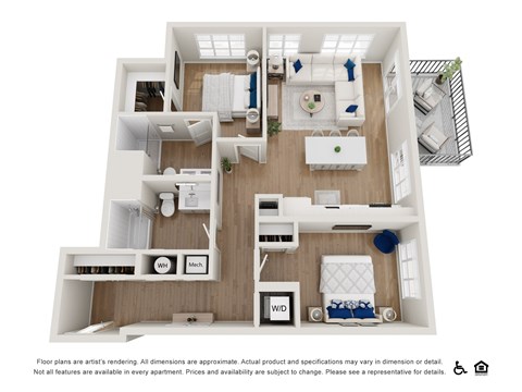 A 3D floor plan of a house with a kitchen, living room, and bedrooms.
