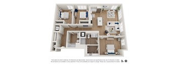 A floor plan of an apartment with a kitchen, living room, and bedrooms.