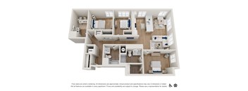 A 3D floor plan of an apartment showing the layout of the rooms.
