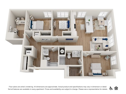 A 3D floor plan of an apartment showing the layout of the rooms.