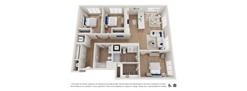 A floor plan of an apartment with two bedrooms, two bathrooms, a living room, a kitchen, and a dining area.