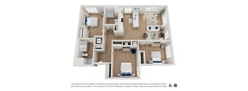A floor plan of an apartment with a kitchen, living room, and two bedrooms.