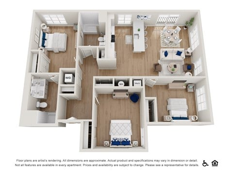 A floor plan of an apartment with a kitchen, living room, and two bedrooms.