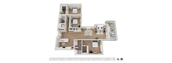 A floor plan of an apartment with a kitchen, living room, and bedrooms.