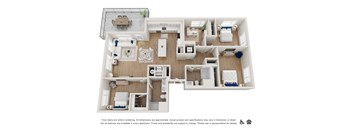 A floor plan of an apartment with a kitchen, living room, and bedrooms.