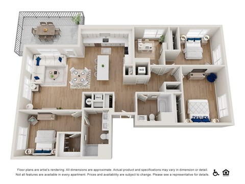 A floor plan of an apartment with a kitchen, living room, and bedrooms.